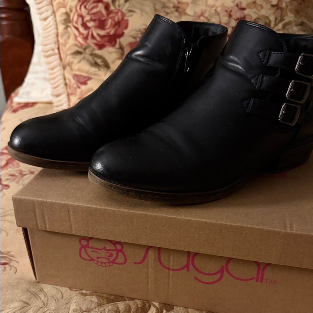 Sugar Black Leather Ankle Boots with Triple Buckle